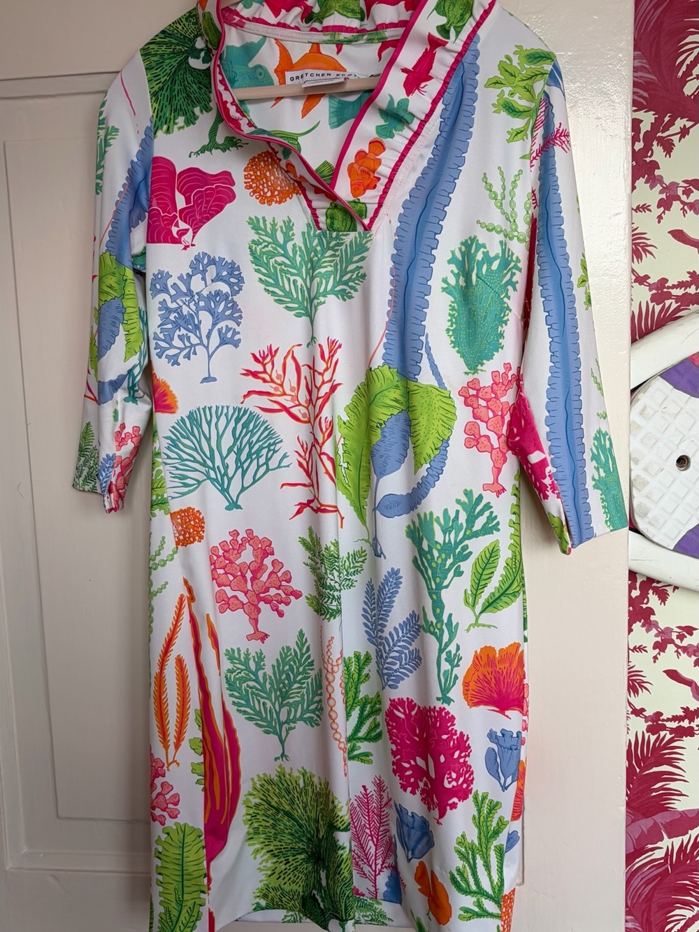 Gretchen Scott Designs White Midi Dress with Coral, Green & Blue Print